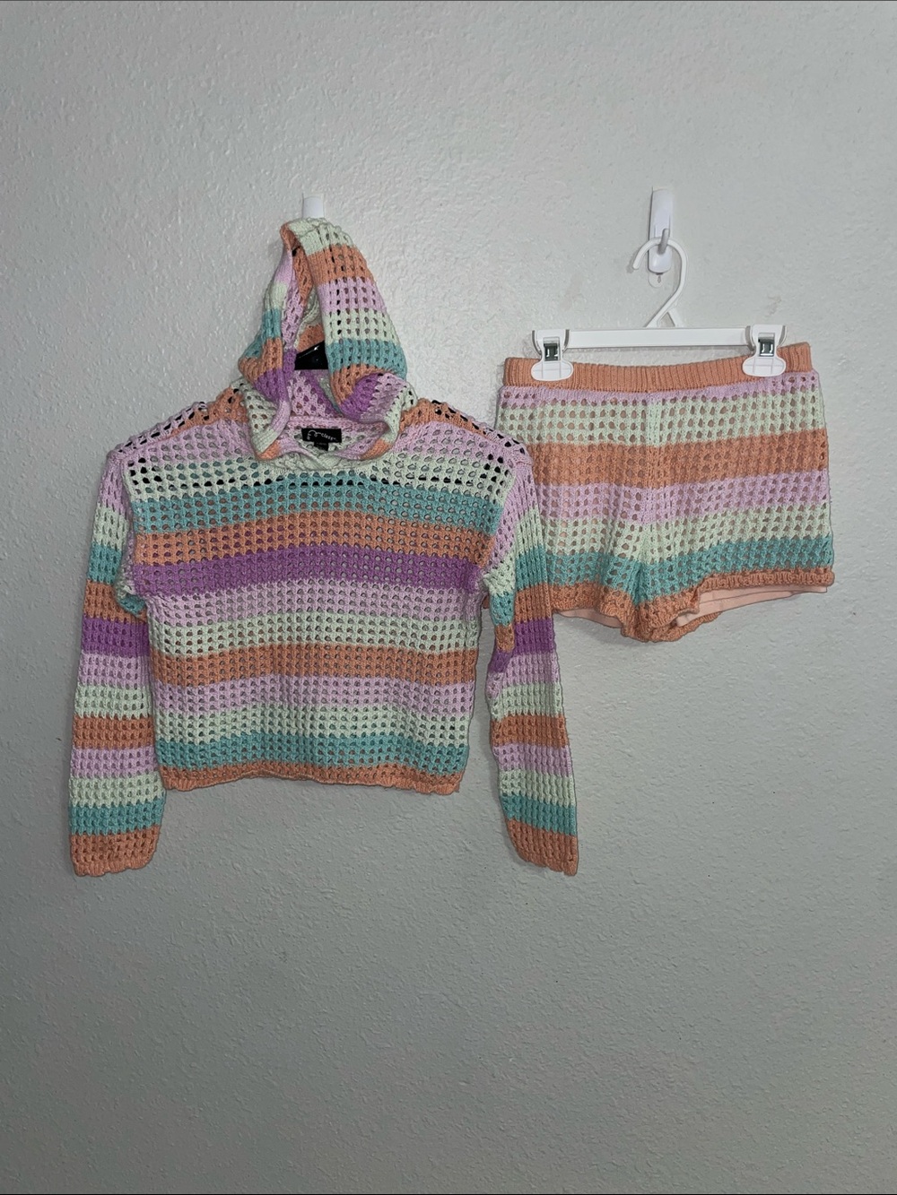 art class Pastel Striped Crochet Cowl Hoodie & Shorts Set